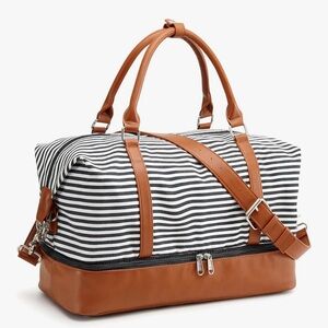 Striped Black and White women’s Weekender Bag with Brown Accents